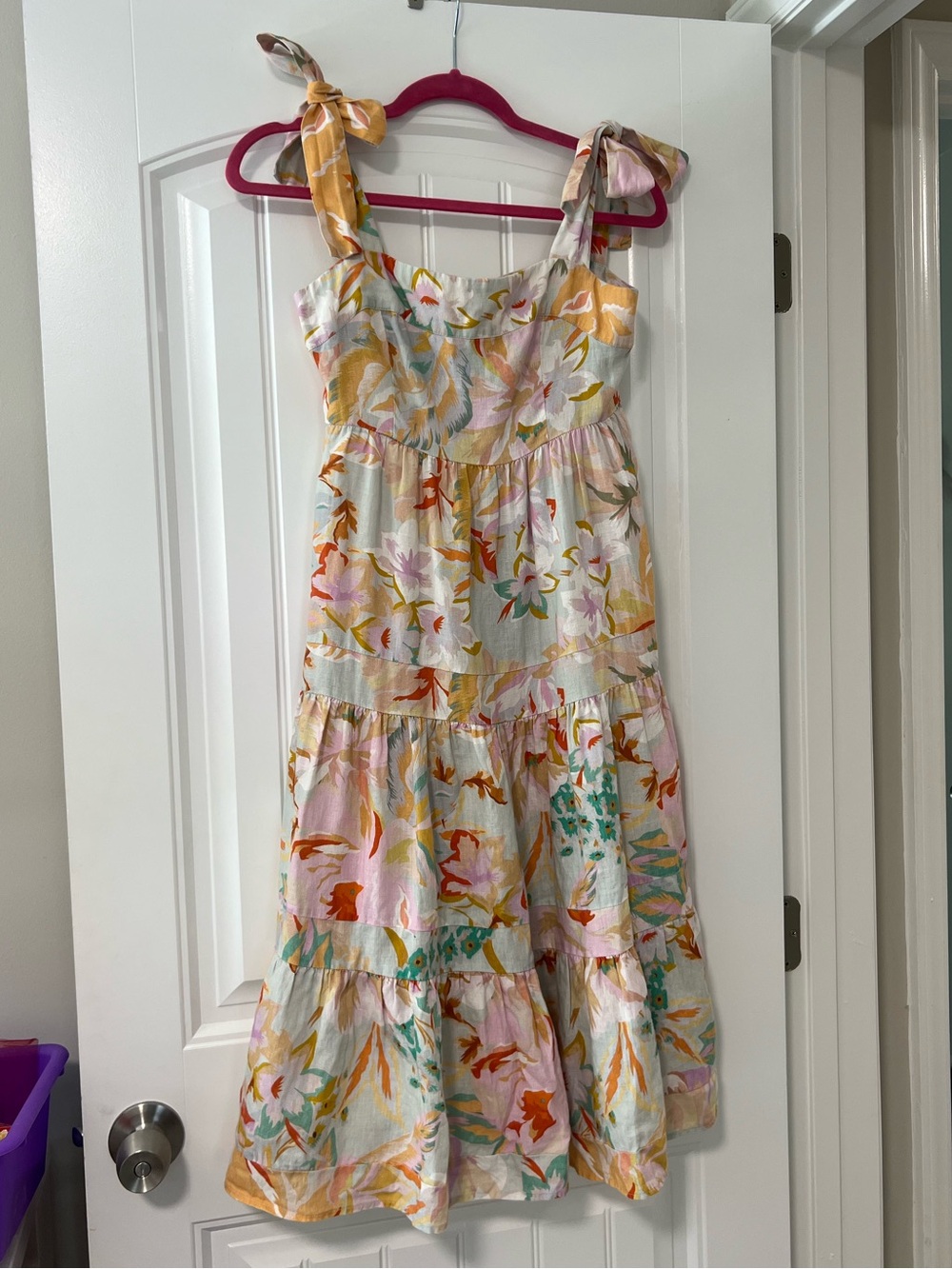Anthropologie Linen Floral Tie-Shoulder Tiered Sundress - Yellow, Pink & Green